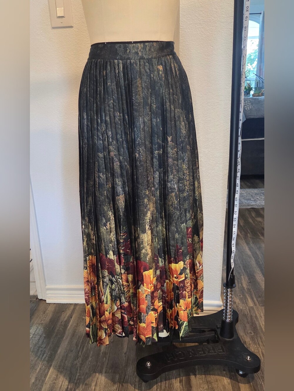 Forest Pleated Midi Skirt by Anthropologie, featuring a dark forest landscape pr